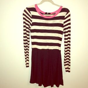 Navy and white striped dress with pink collar